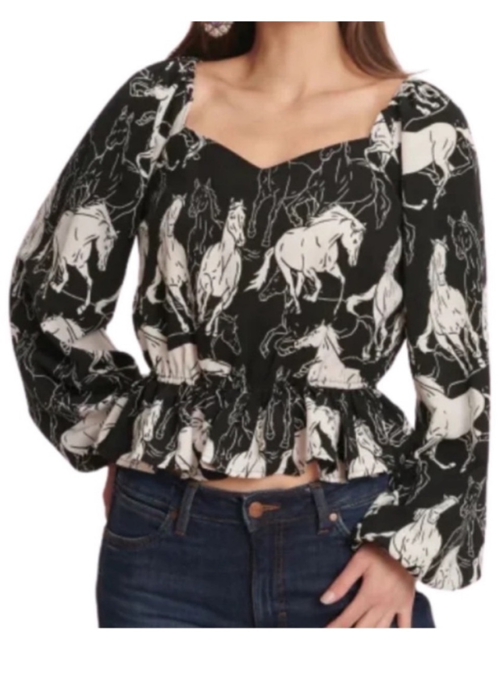 Wrangler Retro Medium Top Horse Print Peplum Punchy Top peplum puff sleeves NWT